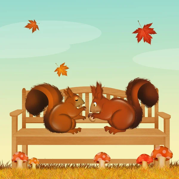 Illustration Squirrels Bench — Stock Photo, Image