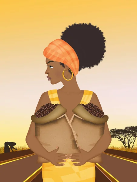 Ilustrace Africké Ženy Roste Káva — Stock fotografie