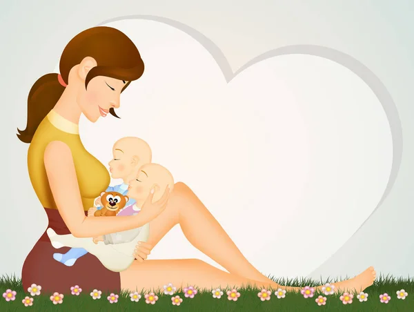 Illustrazione Madre Con Gemelli — Foto Stock