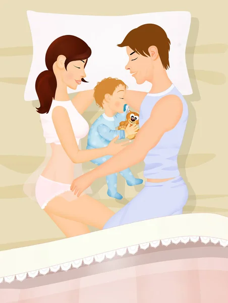 Illustrazione Famiglia Dorme Con Bambino — Foto Stock