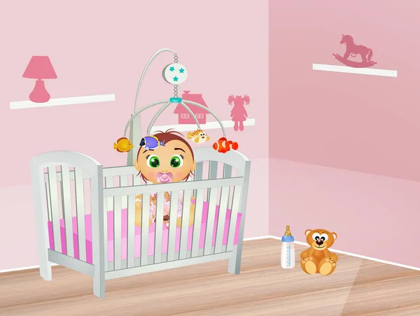 아기는 침실에서 유아용 침대에서 있습니다 — 스톡 사진