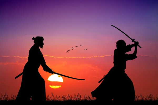 Zwei Samurai Mit Schwert Bei Sonnenuntergang — Stockfoto