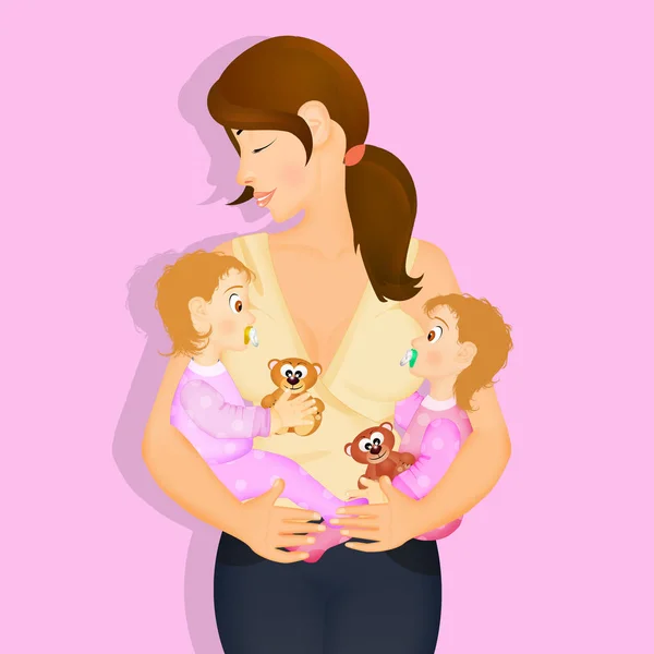 Madre Con Bebé Gemelos Femeninos — Foto de Stock