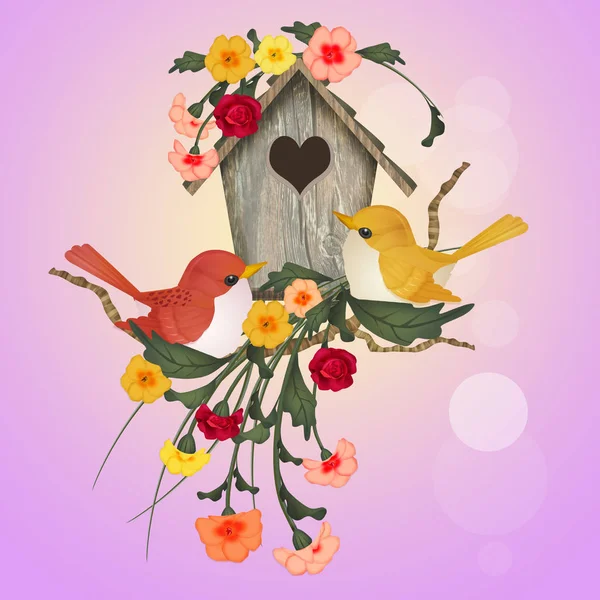 Illustratie Van Vogel Huis Bloemen — Stockfoto