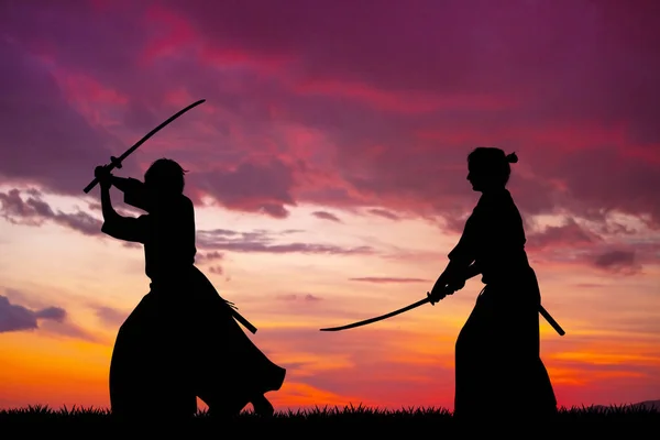 Twee Samurai Met Zwaard Bij Zonsondergang — Stockfoto