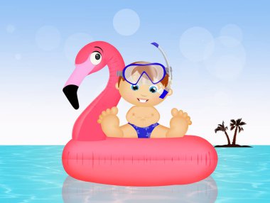 Çocuk şişme pembe flamingo üzerinde