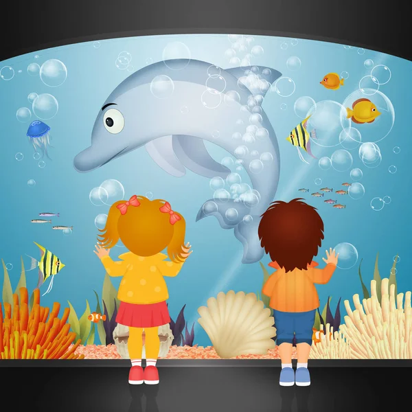 Les Enfants Regardent Dauphin Dans Aquarium — Photo