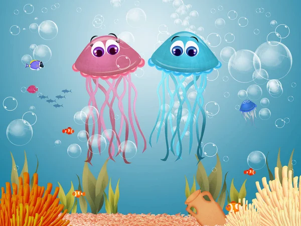 funny illustration of jellyfishes to the sea