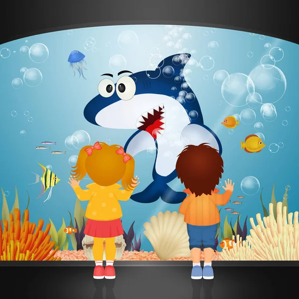 Les Enfants Regardent Requin Dans Aquarium — Photo