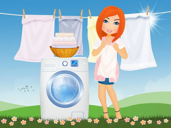 Woman Does Laundry Washing Machine Outdoor Lawn — Stock Photo, Image