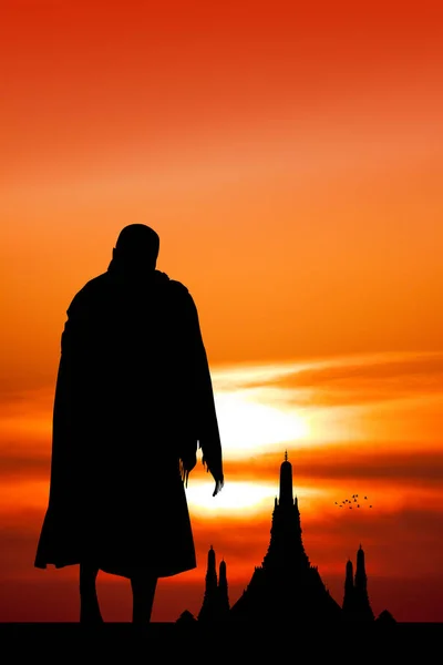 Buddhist Monks Temple Sunset — Stock Photo, Image