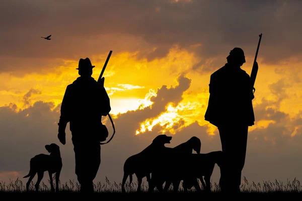 猎人与狗在日落 — 图库照片