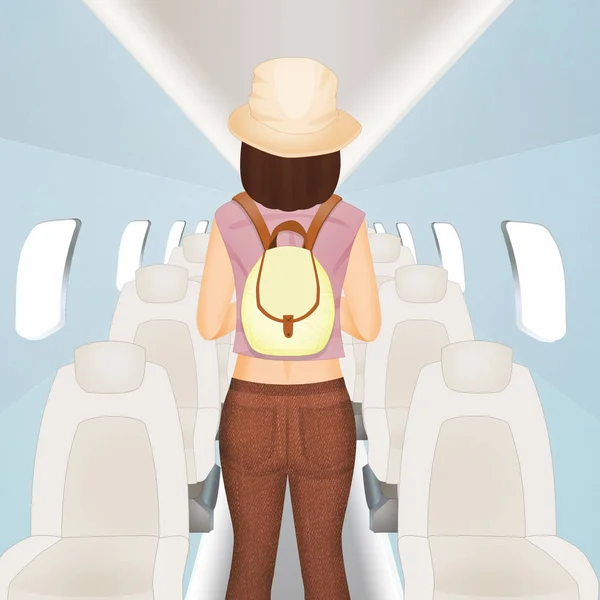 girl with hand luggage on the plane