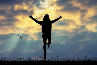 gün batımında atlayan kız illüstrasyon