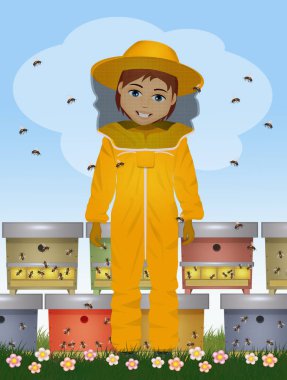 funny illustration of beekeeper man clipart