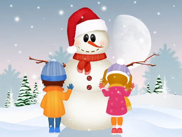 Иллюстрация Детей Делают Снеговика — стоковое фото
