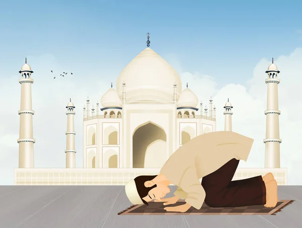 Islamic Man Prays Front Taj Mahal — Stock Photo, Image