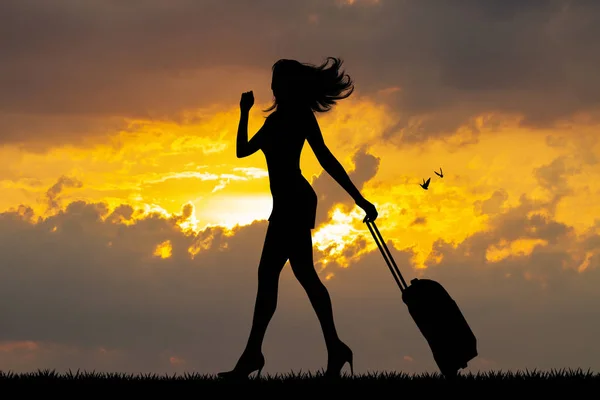 Girl Suitcase Sunset — Stock Photo, Image