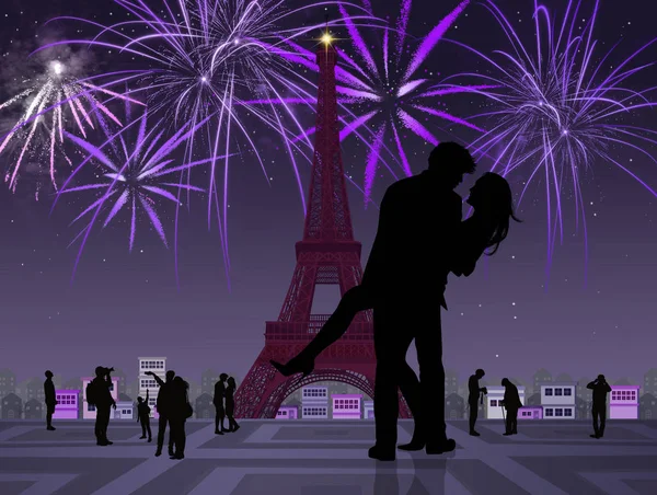 Ilustrace Pár Líbání Paříži — Stock fotografie