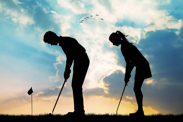 Mensen Spelen Golf Bij Zonsondergang — Stockfoto