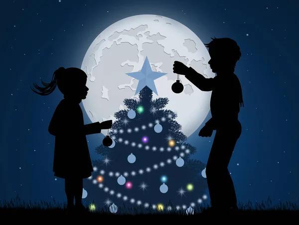 Kinderen Versieren Kerstboom Pine — Stockfoto