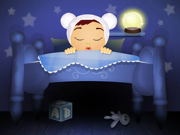 Bebé Duerme Cama Con Luz Encendida —  Fotos de Stock