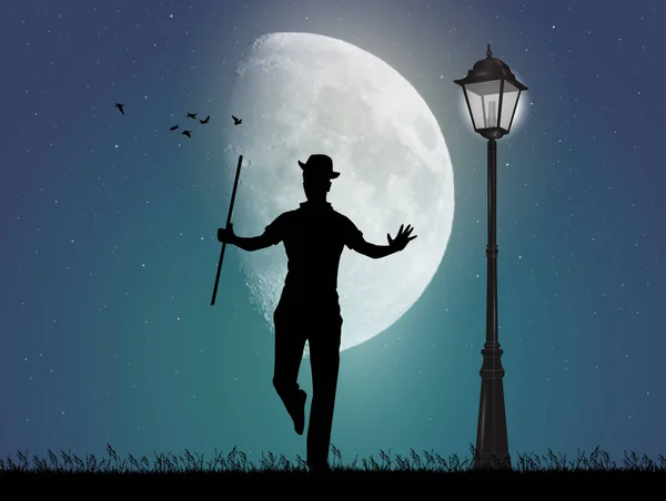 Ilustracja Człowieka Tańce Dotknij Końcówki Świetle Księżyca — Zdjęcie stockowe