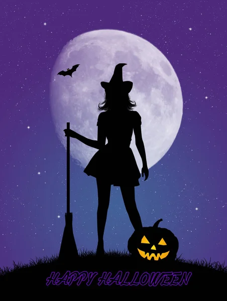 Ilustrace Halloweenské Pohlednice Čarodějnicí Měsíčním Svitu — Stock fotografie