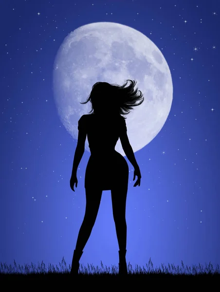 Žena Chodí Vlasy Větru Měsíčním Světle — Stock fotografie