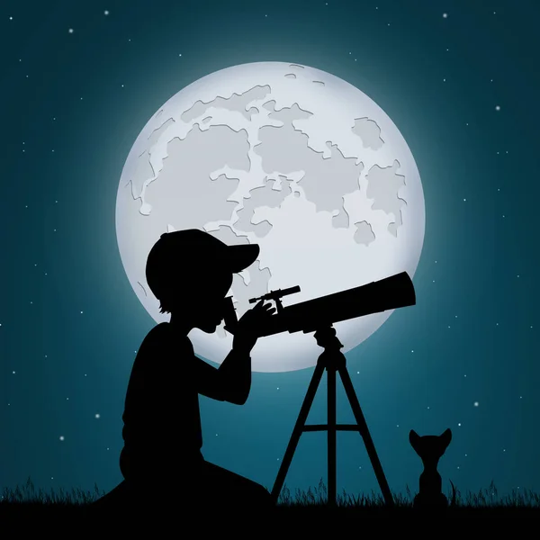 Bambino Guarda Luna Nel Telescopio — Foto Stock