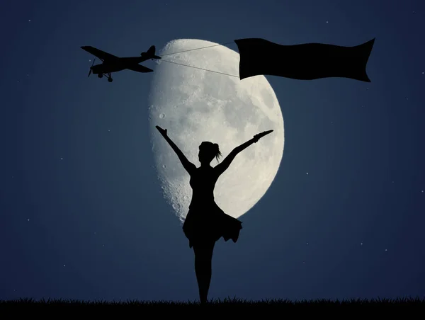 女孩和飞机在月光下与横幅 — 图库照片