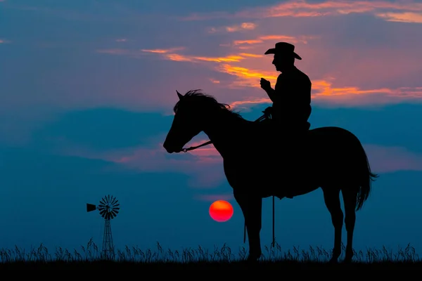 Cow Boy Cheval Coucher Soleil — Photo