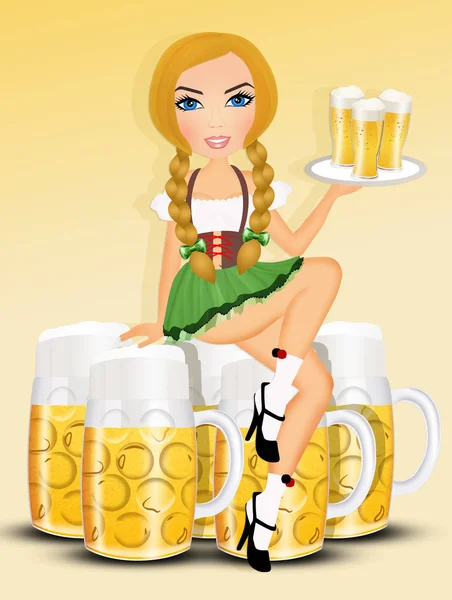 金发女子与啤酒杯啤酒节的插图 — 图库照片