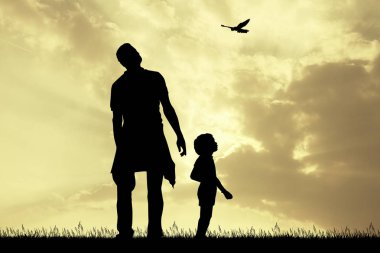 çocuğuile baba gün batımında gökyüzüne bakmak