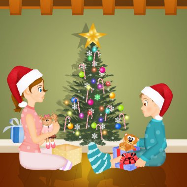 çocuklar Noel ağacının altında hediyeler açmak