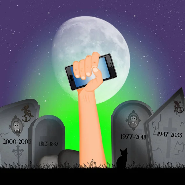 Halloween Illusztráció Mobil Telefon Kezét — Stock Fotó