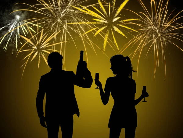 Couple Celebrate New Year Pyrotechnic Fireworks — Stock Photo, Image