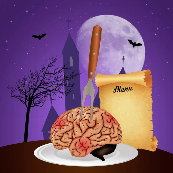 Ilustração Menu Halloween Com Cérebro Pergaminho Cemitério — Fotografia de Stock