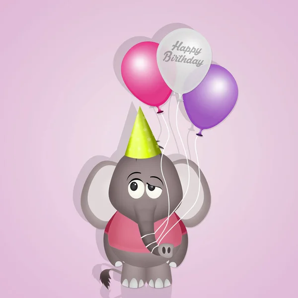 Carte Postale Joyeux Anniversaire Avec Éléphant Avec Ballons — Photo