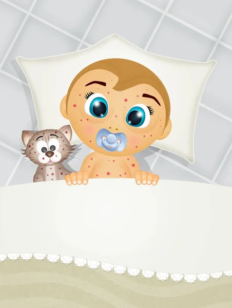 Child Cat Measles Bed — Stock Photo, Image