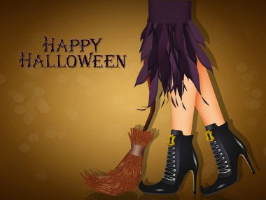 Cadı bacaklı ve süpürgeli Cadılar Bayramı kartpostalı.