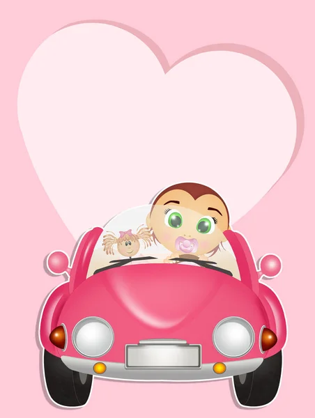 Illustratie Van Baby Meisje Auto — Stockfoto
