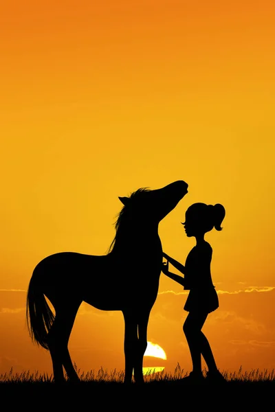 Kleines Mädchen Und Pferd Bei Sonnenuntergang — Stockfoto