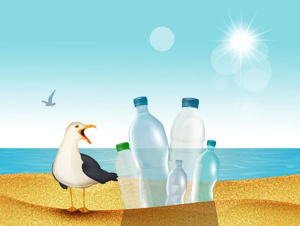 Чайка Пляже Пластиковыми Бутылками — стоковое фото