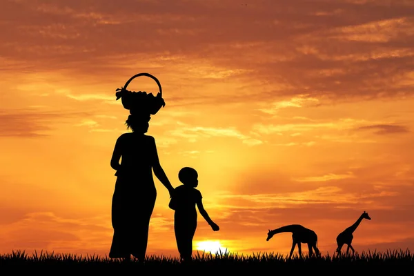 Mujer Africana Hijo Atardecer — Foto de Stock