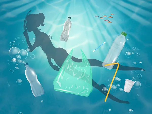 Девушка Плавает Пластиковом Море — стоковое фото