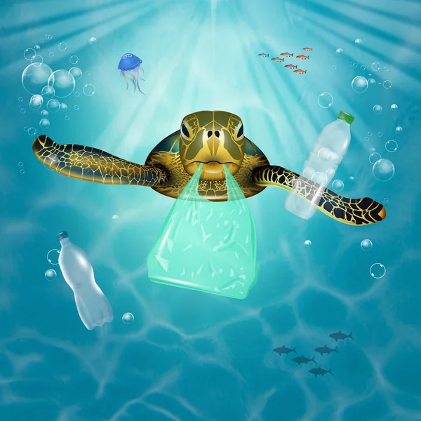 illustration of sea turtle swimming in plastic