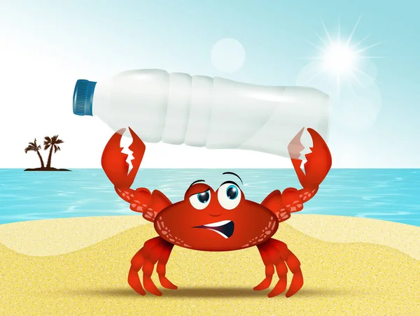 Illustration Crab Plastic Bottle Beach — Stock Photo, Image