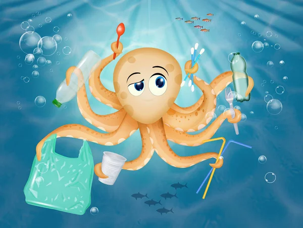 octopus with plastic objects in the sea