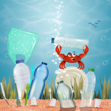 Yengeç denizde plastik toplar.